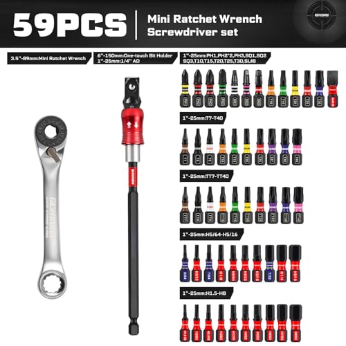 Geinxurn 59Pcs 2-in-1 Dual End T-Handle Ratchet Wrench Set, 72-Tooth 1/4" Reversible Ratchet with Bit Holder, Socket Adapter and 1” Impact Screwdriver Bits (Phillips/Torx/Hex) in Coded Base for Repair - size: 59pcs-DualEnd