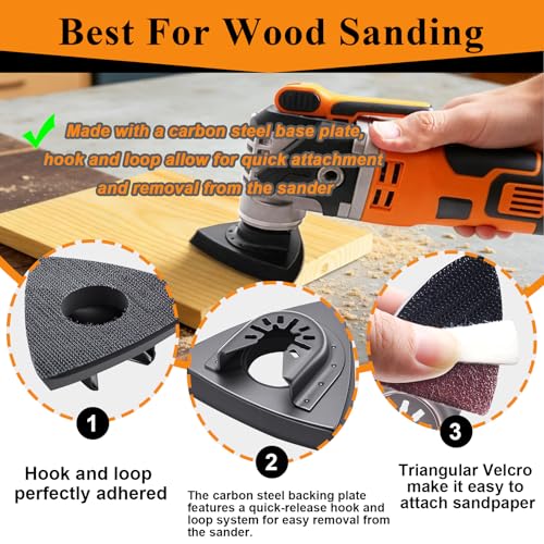 114Pcs Oscillating Tool Sanding Pads Kit 2Pcs Triangle Sanding Pads and 2Pcs Finger Sanding Pad 110Pcs Sandpaper Grit(60-240)Fit for Finishing Wood Plaster Metal Leather Compatible with Multiple Tools