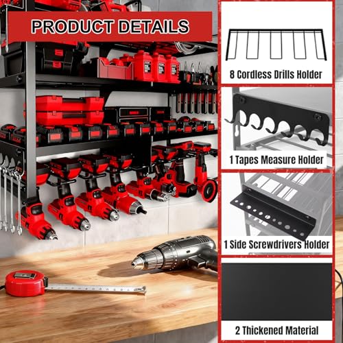 Large Power Tool Organizer Wall Mount, 4 Layer Heavy Duty 8 Cordless Drill Holder Tool Storage Rack, Load 400lbs Utility Power Tool Rack for Garage,Workbench,Workshop,Gifts for Men - color: Without Charging Station, size: 4-Tiers,8 Slots