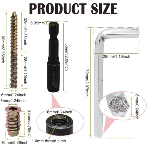 12SETS Double Headed Bolts Kit - 12PCS M6x60mm Self-Tapping Screw Hanger Bolts for Wood Furniture,12PCS M6x20mm Furniture Screw-in Nut with 1pc M6 Hanger Bolt Driver & 1pc 6mm Hex Key - size: M6X60mm