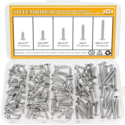165 Pieces #6 x 1/2" 5/8" 3/4" 1" 1-1/4" Wood Screws Set, Phillips Countersunk Head #6 Self-Tapping Screws Assortment Kit, 304 Stainless Steel - size: #6, style: Phillips Countersunk Head