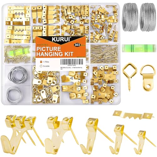 KURUI 303Pcs Picture Hanging Kit, Picture Hangers Assorted Kit with Heavy Duty Picture Hanging Hooks/Hardware Nails/Sawtooth/Wire/D Rings/Level, Metal Picture Wall Hooks for Frame Canvas Mounting - size: Gold