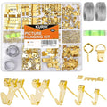 KURUI 303Pcs Picture Hanging Kit, Picture Hangers Assorted Kit with Heavy Duty Picture Hanging Hooks/Hardware Nails/Sawtooth/Wire/D Rings/Level, Metal Picture Wall Hooks for Frame Canvas Mounting - size: Gold