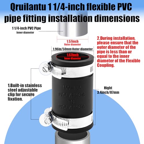 1 1/4" Flexible Pvc Pipe Coupling with Stainless Steel Clamp, Flexible Fitting for Connecting Cast Iron, Plastic and Copper Pipes, for Sewer and Drain Connections(Black) - size: 1 1/4"