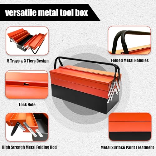 YATOINTO Metal Cantilever Tool Box, 18" * 8" * 8" Fold Out Tool Organizer with 3 Layers & 5 Trays, Portable Storage for Home, Studio, Auto Repair & Factory (Orange)