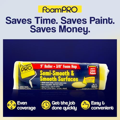 Foampro 9 9 inch x 3/8 inch Smooth & Semi-Smooth Surface Roller Cover, 1 pack| Foam Paint Roll | Painting Supplies & Tools For Home | Safe for Use With All Paints, Stains, Primers, Clear Coats - size: Pack of 1