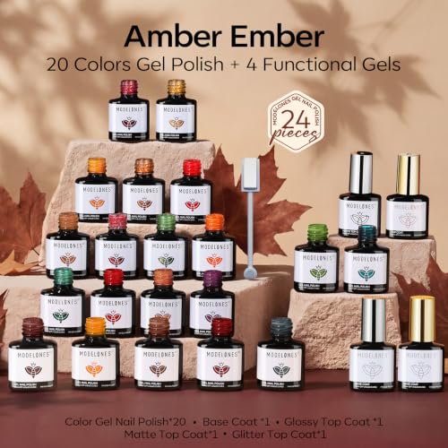 modelones Gel Nail Polish Set Jelly Glitter 20 Colors Primer Top Base Coat - color: A0-Autumn Colors