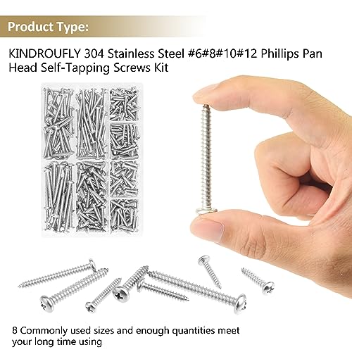 317 Pieces #6#8#10#12 Phillips Pan Head Self-Tapping Screws, Wood Screws Assortment Kit, 304 Stainless Steel - size: #6#8#10#12