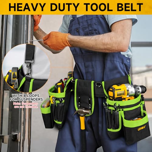 Tool Belt with 4 D-Rings,27-Pockets Tool Belts for Men,Construction - color: Green & Black, size: 27 Pockets with Magnet Pouch