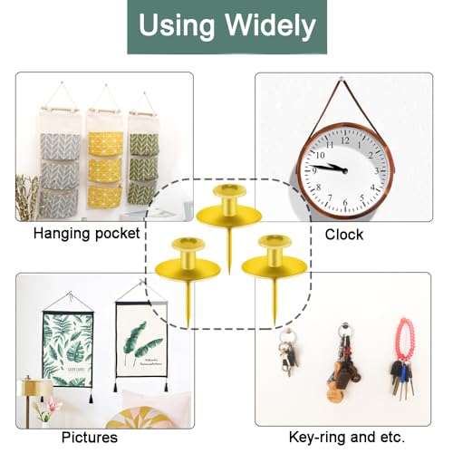 50 PCS Picture Hangers Hooks for Drywall, Gold Push Pins Double Headed Nails Thumbtacks for Wall Hangings Picture, Decorative Small Pins for Cork Board Home Office Photo Decorations - style: Gold