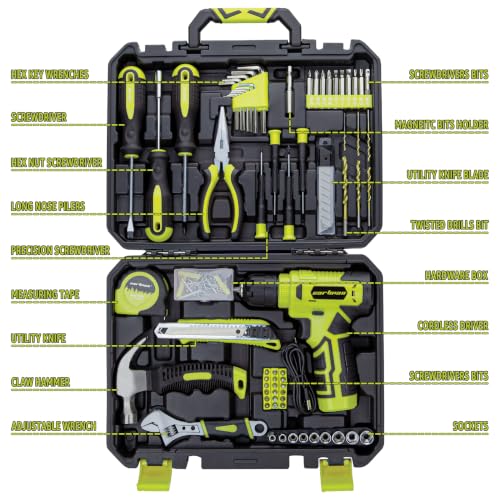 CARTMAN 150PCS 8V Cordless Drill Hand Tool Set, Green Household Repair Kit - color: Green