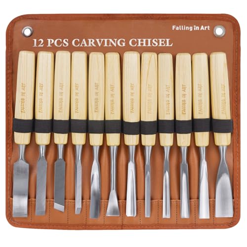 Falling in Art 12 Pcs Wooden Carving Chisel Set with a Leather Pouch