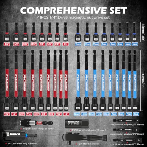 41-Piece Premium 1/4" Drive Magnetic Impact Nut Driver Set Metric & SAE Standard & Deep with Socket Adapters, 2-in-1 Ratchet Wrench, Wing Nut Driver, Universal Sockets, Quick Release Bit Holder - style: Pro Multi-Use Kit