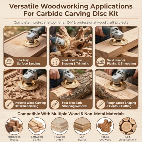 3Pcs Tungsten Carbide Cutting Wheel for Angle Grinder, Heavy Duty Wood Carving Disc Set for Cutting Shaping Sanding, Fits 4" & 4-1/2" Grinders