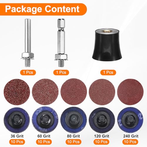 HARFINGTON 53pcs Quick Change Discs Set 1" Lock Sanding Discs with 1/4" Shank Pad Holder 36/60/80/120/240 Grit Surface Conditioning for Polish Rust Removal - size: 1"