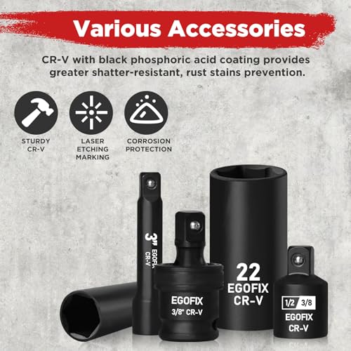 3/8" Drive Impact Socket Set, 50 Piece Standard SAE (5/16 to 3/4 inch) and Metric (8-22mm) 6 Point, with Adjustable Ratchet Handle, Extension Bars, Impact Universal Joint, Adapter, Cr-V Steel - color: 3/8-50pcs