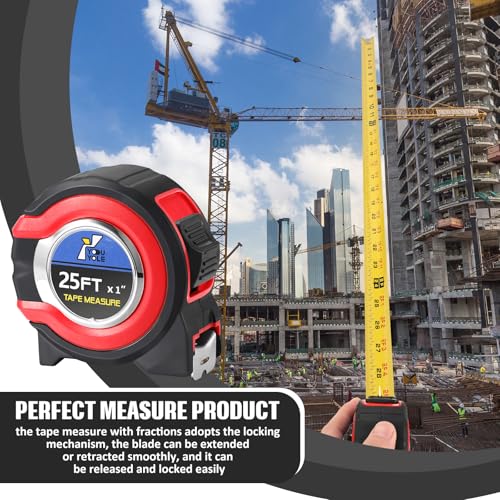 Youyole 10 Pack Tape Measure with Fractions 1/8 Steel Measuring Tape Retractable Easy Read Measurement Ruler Steel Power Blade (25 ft X 1 in,Red) - color: Red