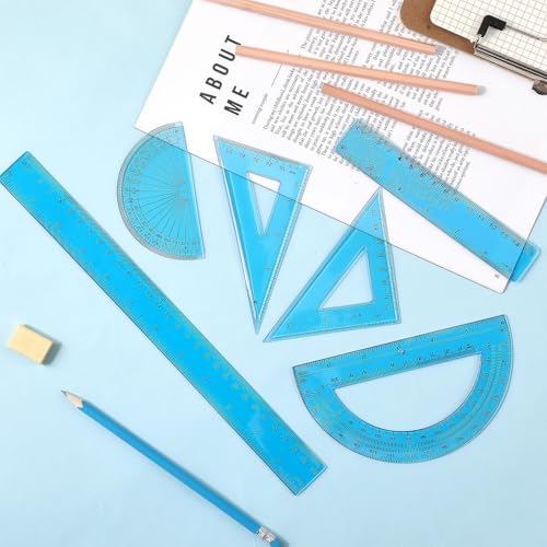 Tenare 6 Pcs Math Geometry Ruler Set, Protractor Triangle School,Blue - color: Blue