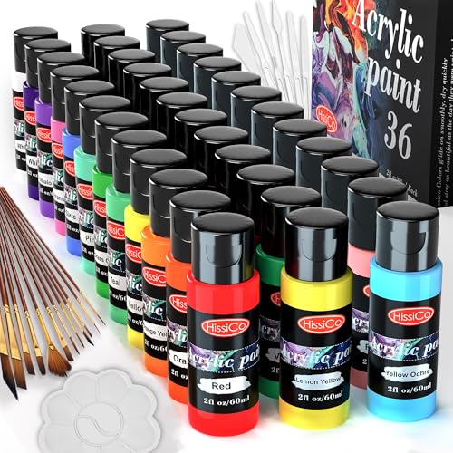 55PCS Acrylic Paint Set of 36 Colors 2fl oz 60ml Bottles 12 Brushes,Non Toxic 36 Colors Acrylic Paint No Fading Rich Pigment for Kids Adults Artists Canvas Crafts Wood Painting - style: 36 Colors Acrylic Paint 2 fl oz/60 ml