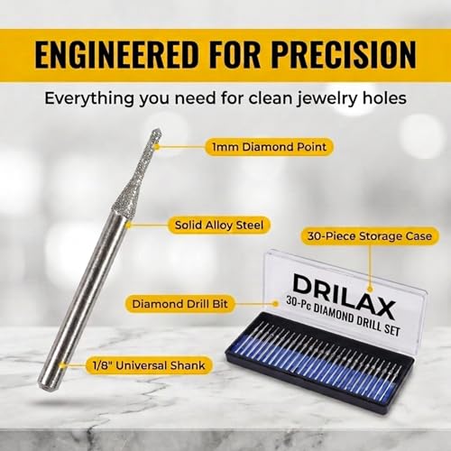 Drilax 30-Piece 1mm Diamond Drill Bits Set – 1/8 Shank Compatible with Dremel Rotary Tools – Precision Diamond Dremel Bits for Jewelry Making, Stone, Glass, Ceramic, Sea Glass, & Gemstones - size: 1mm