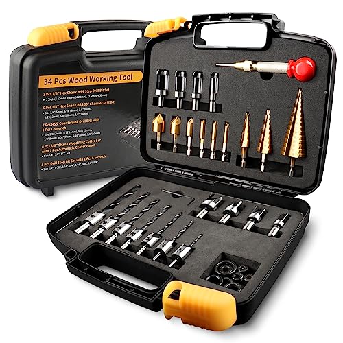 34Pcs Woodworking Drill Bit Set, Countersink Bits, Plug Cutters, Drill Stop