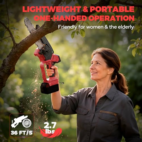 Mini Chainsaw Cordless Compatible with Milwaukee M18 18V Battery (NO Battery), 6 Inch & 8 Inch Small Electric Chainsaw Brushless, 2x 6'' Chains + 2x 8'' Chains, Auto Oiler, Handheld Pruning Chain Saw - color: Red-black