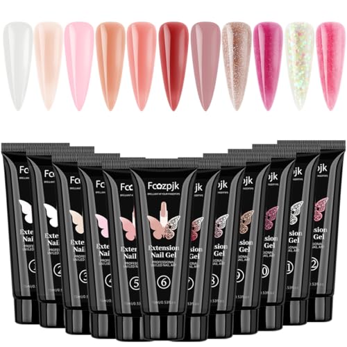 Fcozpjk 12 Colors Poly Nail Gel Kit Clear White Nude Pink Glittery Poly Gel - color: 12colors-gel