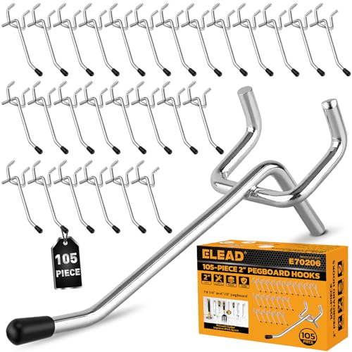 ELEAD 105-Piece 2 Inch Pegboard Hooks, Heavy Duty Peg Board Organizer Accessories, Peg Board Tool Hangers Fit for 1/4" and 1/8" Pegboard Hanging Tools Garage, Workshop, and Craft Storage - style: 105-Piece 2 Inch