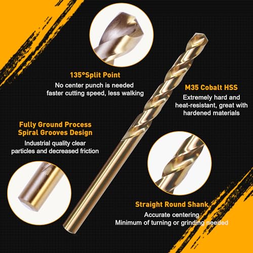 M35 Cobalt Drill Bit Set, 29Pcs High Speed Steel Twist Jobber Length Drill Bit Kit for for Hardened Metal, Stainless Steel, Cast Iron, Wood and Plastics with Index Storage Case, 1/16" - 1/2" - style: 29PCS