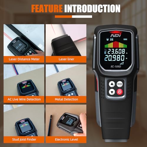 NDI Stud Finder Wall Scanner Leaser distancce Meter 5 in 1 Electronic Stud Detector HD LCD Display & Audible Alarm, for the Center and Edge of Wood AC Wire Metal Studs Joist Pipe