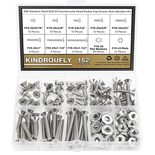 152 Pieces #10-24 x 5/16", 3/8", 1/2", 5/8", 3/4", 1", 1-1/4", 1-1/2", Countersunk Head Socket Cap Screws Nuts Washers Assortment Kit, 304 Stainless Steel, Fully Machine Thread - size: #10-24, style: Countersunk Head