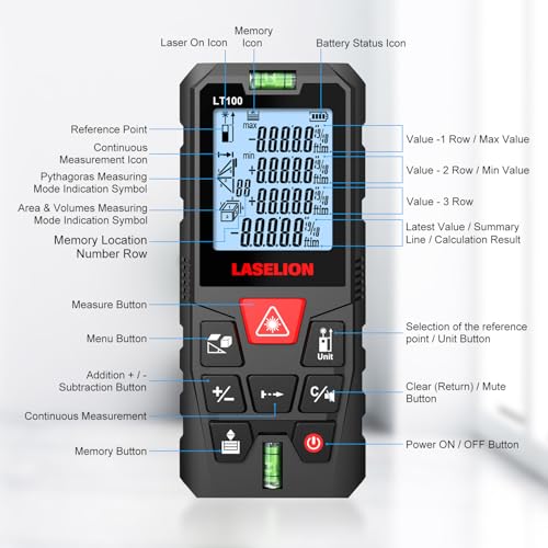 LT100 Laser Measure, 328ft/100m Laser Measurement Tool, with 2 Bubble Levels, Measuring Tool 4 Units Conversion、LCD Backlit Display, IP54 Waterproof, Pythagorean Mode for Distance, Area, Volume - size: 328ft
