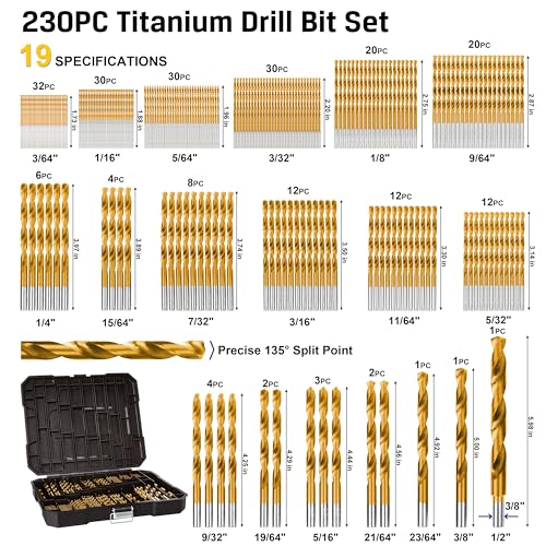 230 Pieces Titanium Twist Drill Bit Set, 135° Tip High Speed Steel, Size from 3/64" up to 1/2", Ideal Drilling in Wood/Cast Iron/Aluminum Alloy/Plastic/Fiberglass, with Hard Storage - size: 230 Piece Twist Drill Bits Set 135°