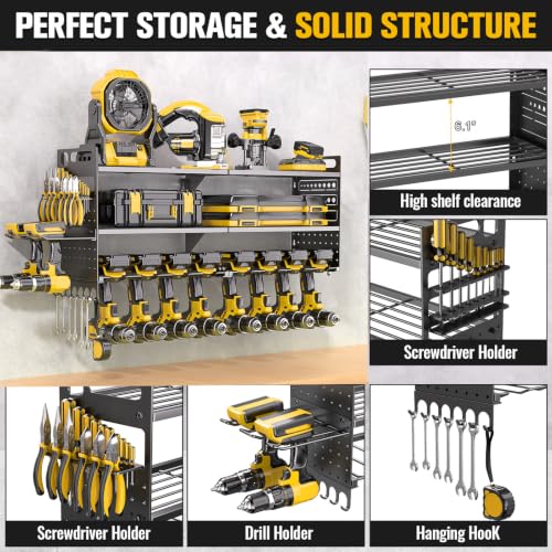 33" W Power Tool Organizer Wall Mount, 3-Layer,10 Drill Holders - color: Black, size: 10 Drills Holder-3 Layers