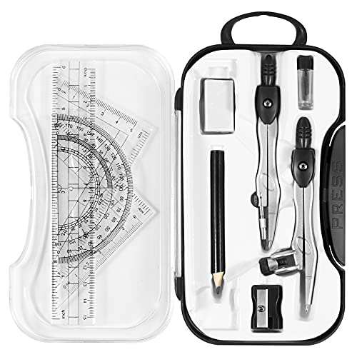 Unjoo Geometry Sets 10 Pcs Student Supplies, Protractor and Compass (Black) - color: Black