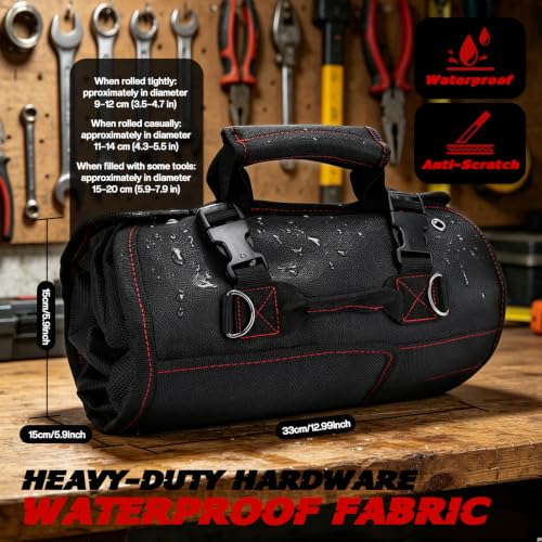 13-Pocket Roll Up Tool Bag with Clear and Mesh Pouches, Black