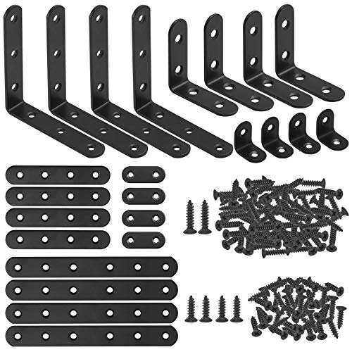 Glarks 134Pcs Black Corner Brace Set, 24Pcs L Shape Bracket and Flat Bracket Metal Joint Plate Fastener with 110Pcs Screws for Wood Wood Chair Bookshelf Board Window Furniture Cabinet