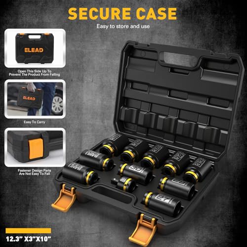 1/2'' Drive Deep Impact Socket Set: 11-Piece Metric Wheel Axle Nut Wrench Large Jumbo 27mm 29mm 30mm 31mm 32mm 33mm 34mm 35mm 36mm 38mm Car Spindle Joint High Torque Truck Bearing Locknut - style: Metric 6-Point