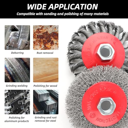 6Pack 4 1/2" Angle Grinder Wire Wheel Set -4 Inch & 3 Inch Knotted Coarse & Crimped Wheels, Cup Brushes with 5/8-11 UNC Threaded Arbor for Rust, Paint, Corrosion Removal