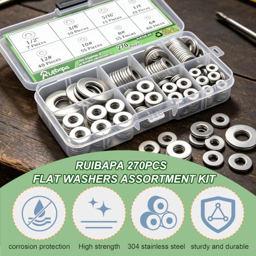 270 PCS 304 Stainless Steel Flat Washers Assortment Kit 8 Size-1/2 3/8 5/16 1/4 12# 10# 8# 6# 304 Stainless Steel Flat Washers for Screws Bolts - size: SAE-270PCS, style: Flat Washers
