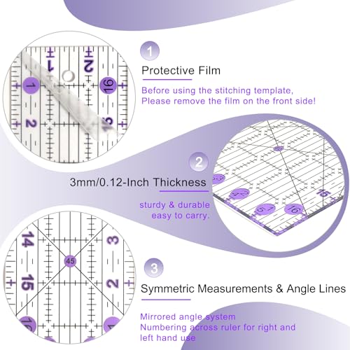 Quilting Ruler, Sewing Ruler, 8 Pack, Acrylic Quilting Templates(6"x17", 3"x17", 2"x16", 1.5"x12", 1"x12", 1"x6", 8"x3"), Non Slip Rings 25 Pieces, Sewing and Quilting Supplies - Clear/Purple - color: Purple