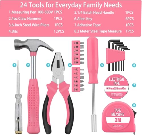 24Pcs Pink Women Portable Hand Tool Kit for Home DIY Repair
