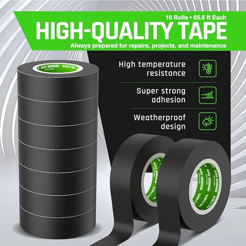 Electrical Tape 3/4 in x 66ft Black10-Pack Industrial Grade Vinyl Tape - color: Black