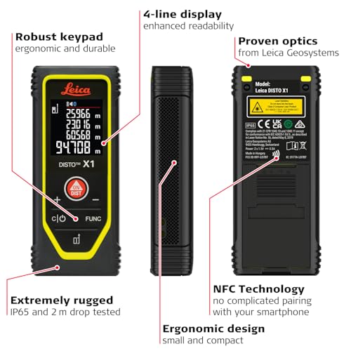 Leica Disto X1 - Range 330 ft, Bluetooth 4.2 and NFC Data Transfer, add and Subtract, Volume, 4-line Display, IP 65 dust and waterjet Protection and 6 ft Drop Tested, Hand Loop, Pouch.