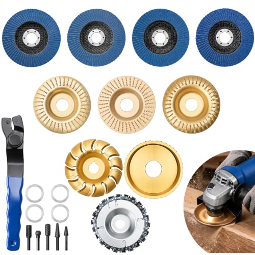 Ultimate 20 Pcs Wood Carving Disc Set for 4"-4 1/2" Angle Grinder,Professional Woodworking Kit with Shaping Wheels, Chainsaw Discs,Rotary Burrs & Flap Wheels for Sculpting Shaping Sanding & Polishing