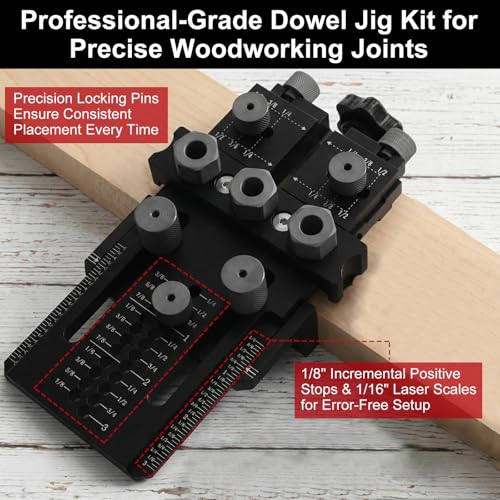 Dowel Jig Kit with Quick Positive Stop and Self-Centering, Doweling Jig for Woodworking, Adjustable and Precise Doweling Jig for Perfect Joints, Ideal for Cabinet, Furniture, and DIY Projects