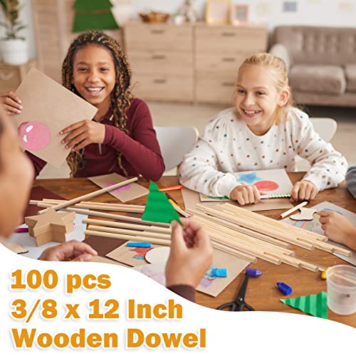 Treela 100 Pcs Wooden Dowels Rods Wood Sticks for Crafts Wooden Dowel Rods Unfinished Hardwood Sticks for DIY Crafts Art Class Woodworking (3/8 x 12 Inch) - size: 3/8 x 12 Inch