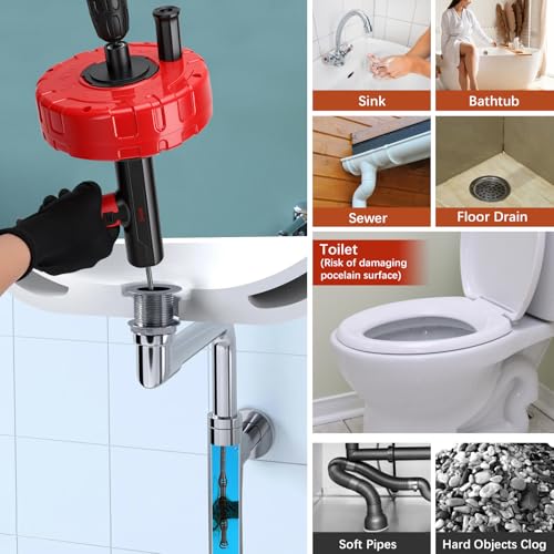 46 FT Drain Snake 11-in-1 Double Mode Drain Auger Tools - color: Red&Black-46FT-YY
