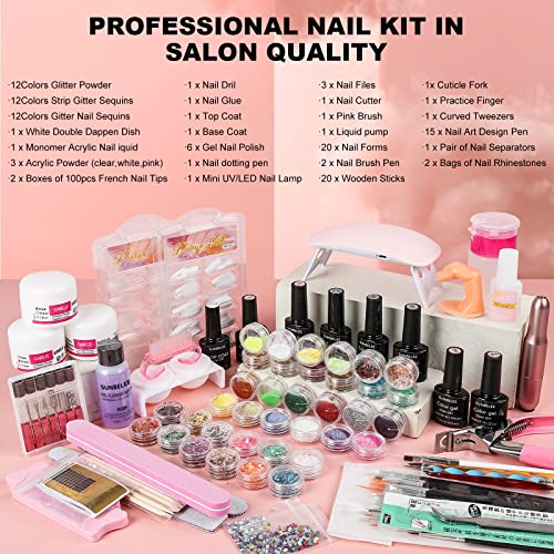 Acrylic Nail Kit with Monomer Liquid, UV Light, Nail Drill, 6 Gel Polish | Comes with acrylic powder, 36 glitter sequins, false nail tips & full manicure tools, perfect home salon DIY gift for women - color: Advanced Set