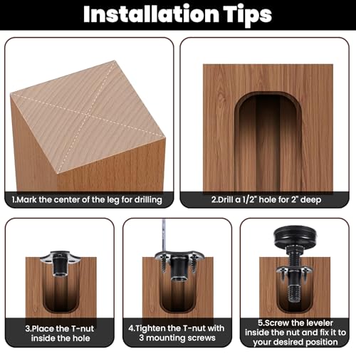 12 Packs Heavy Duty Furniture Levelers 3/8''-16 Thread w/ T-Nut Kit Furniture Leveling Feet Adjustable Furniture Levelers for Tables,Cabinets,Chairs,Workbench,Sofa and More,Large Base Supports 2640LBs
